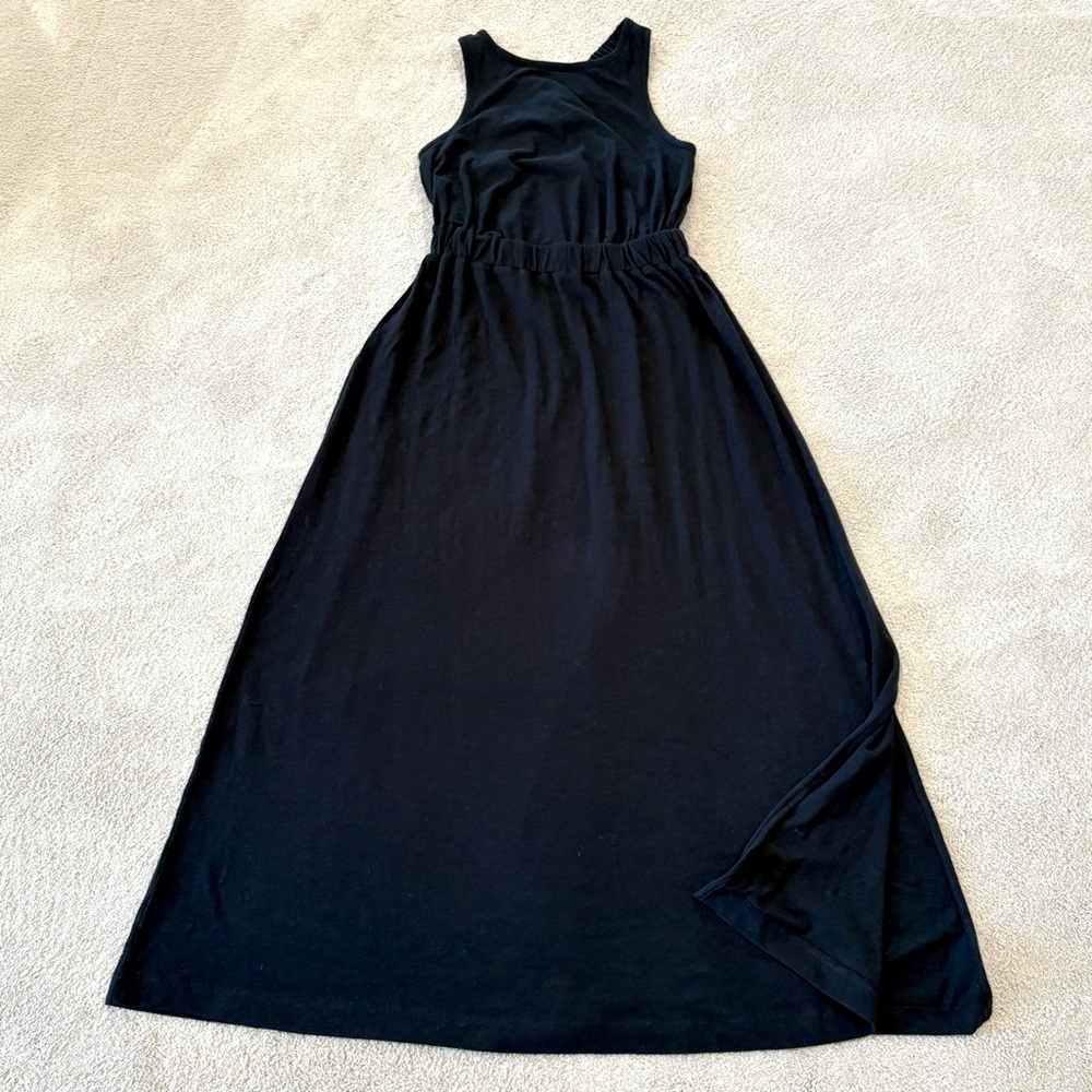 LOFT Solid Black Criss Cross Back Strap Long Maxi Dress Sz MP NEW Cotton Beach